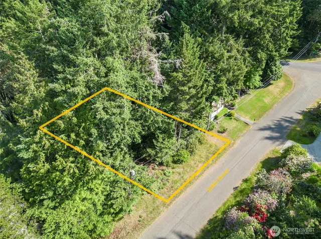 an aerial view of a house with a yard and lake view