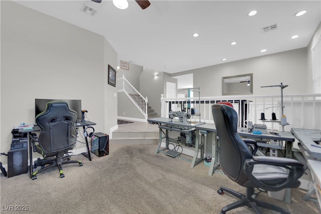 9005 Rendon Street Las Vegas, NV 89143 - Photo 7 of 51 Office area featuring a ceiling fan, light colored carpet, and recessed lighting