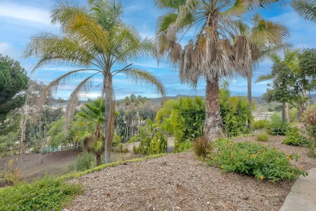 a backyard of a house with outdoor seating and trees