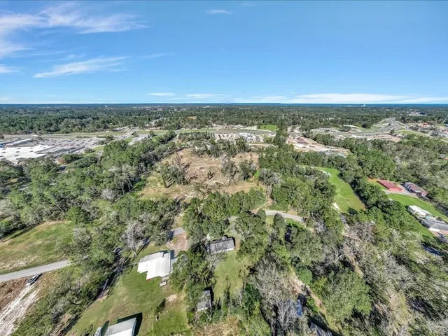 an aerial view of residential houses with outdoor space and trees