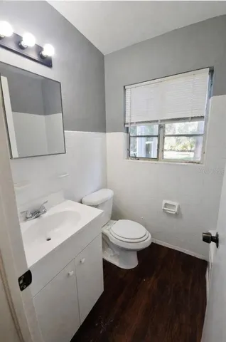 a bathroom with a sink a toilet and mirror
