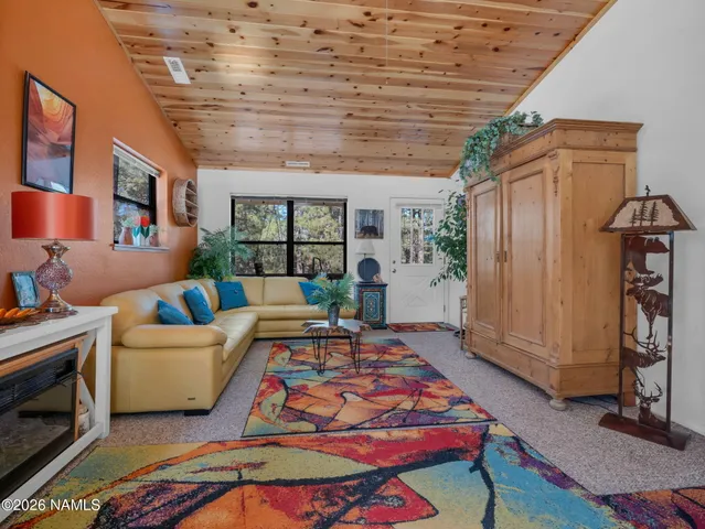 a living room with furniture a rug and potted plant