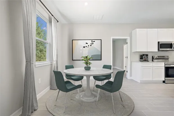 a view of a dining room with furniture window and outside view