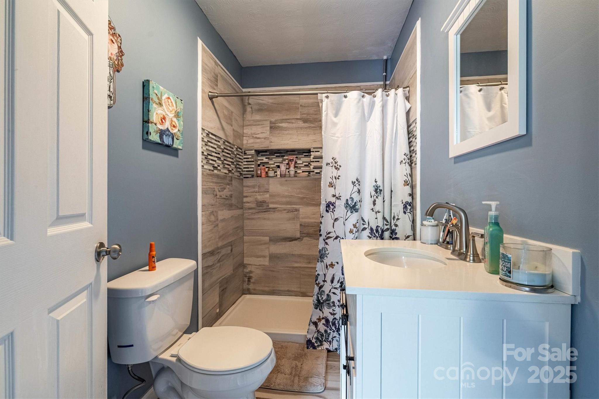 5933 Nubbin Creek Road Lenoir, NC 28645 - Photo 26 of 36 a bathroom with a sink a toilet and shower curtain