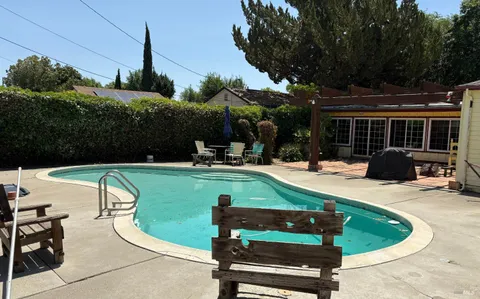 a view of a swimming pool with a patio and plants