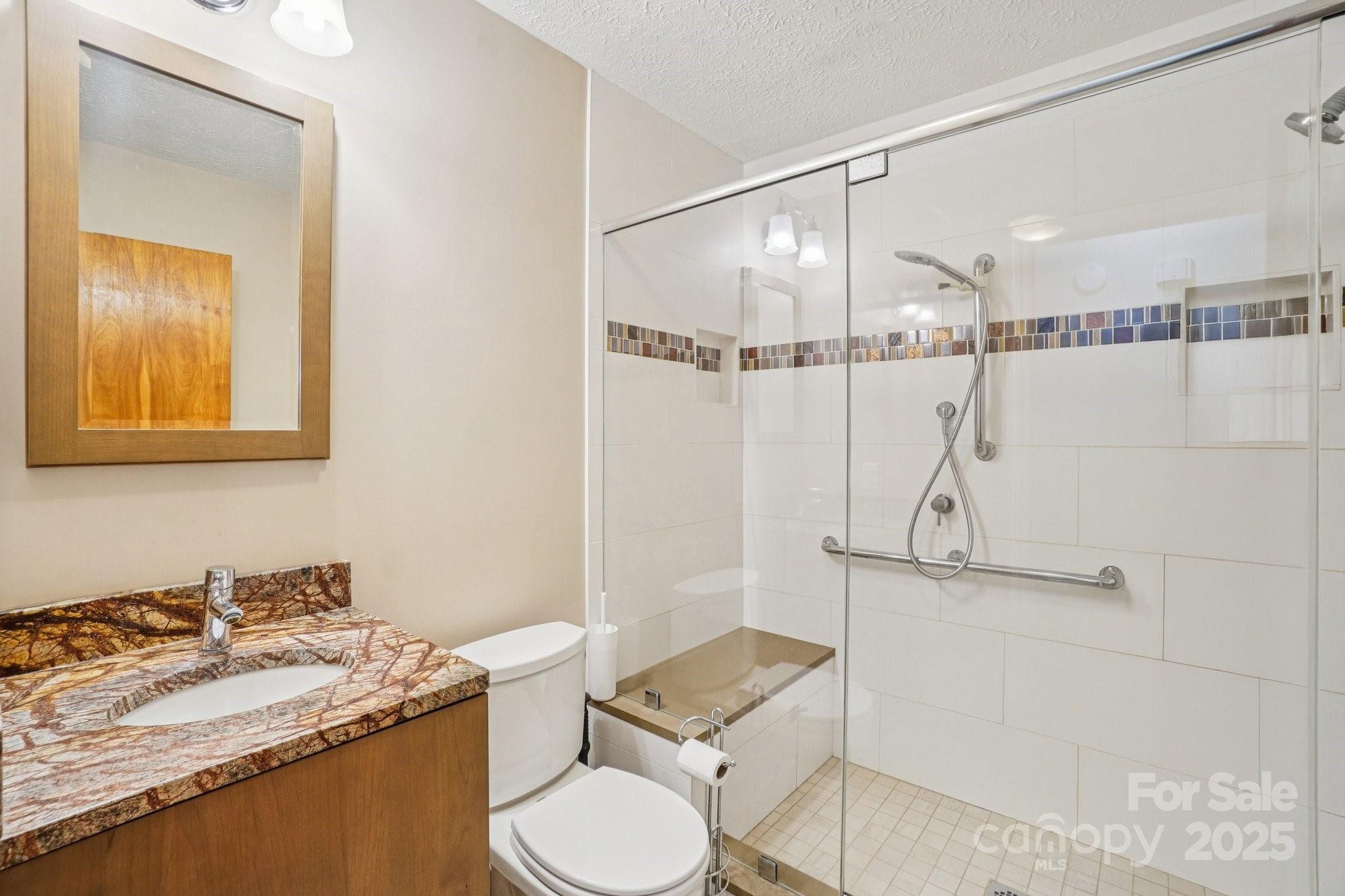 480 Paint Fork Road Barnardsville, NC 28709 - Photo 12 of 43 a bathroom with a granite countertop sink mirror vanity and toilet