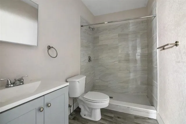a bathroom with a shower toilet and sink