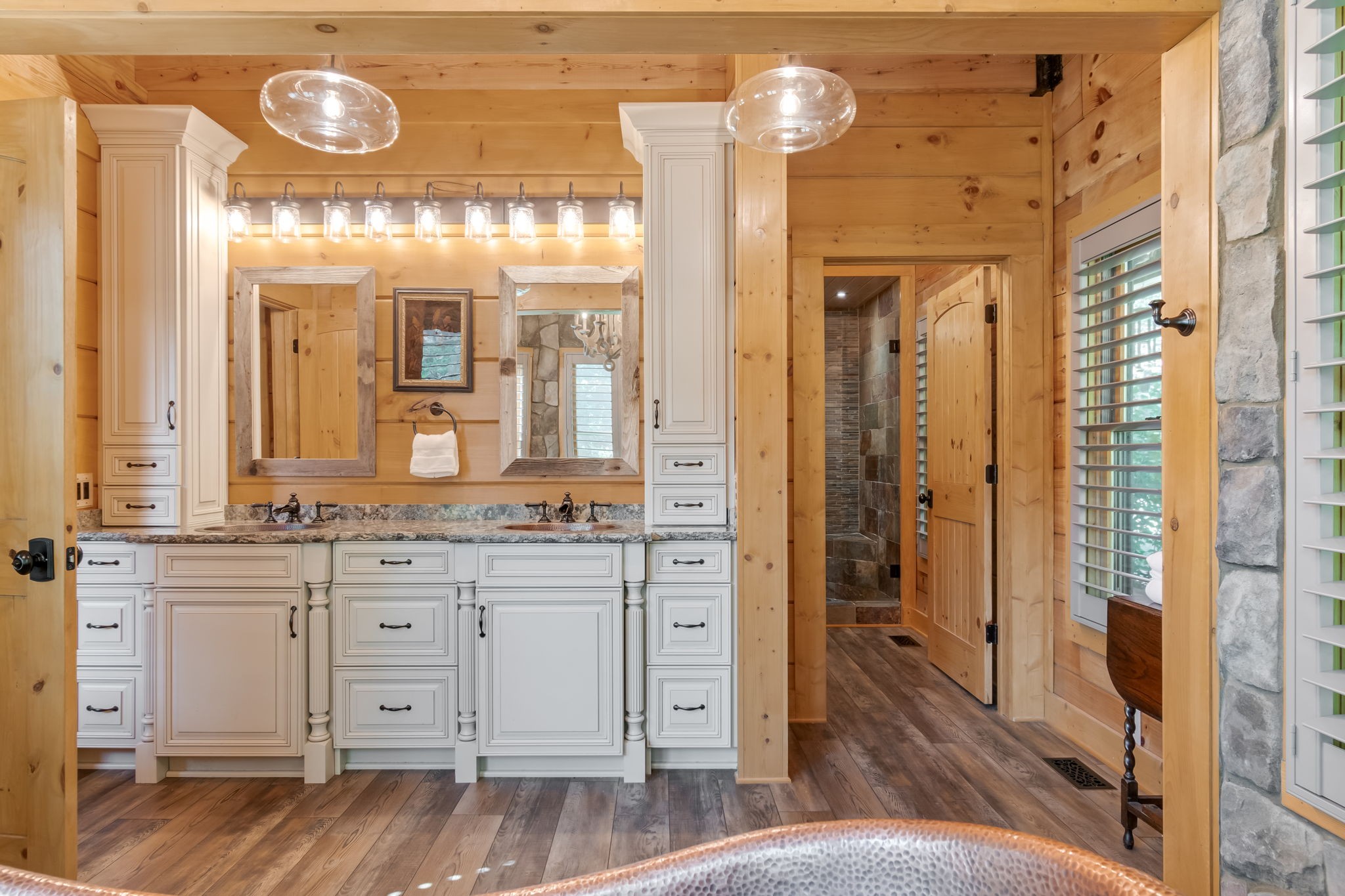 6011 Garrison Springs Road Franklin, TN 37064 - Photo 40 of 99 a bathroom with a granite countertop sink a mirror and a shower