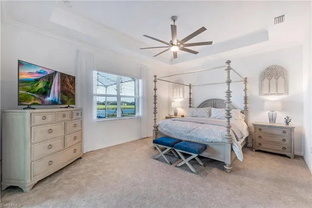 a bedroom with a bed and a flat tv screen on dresser