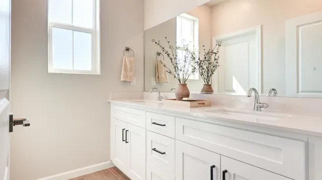 a bathroom with a double vanity sink and a mirror