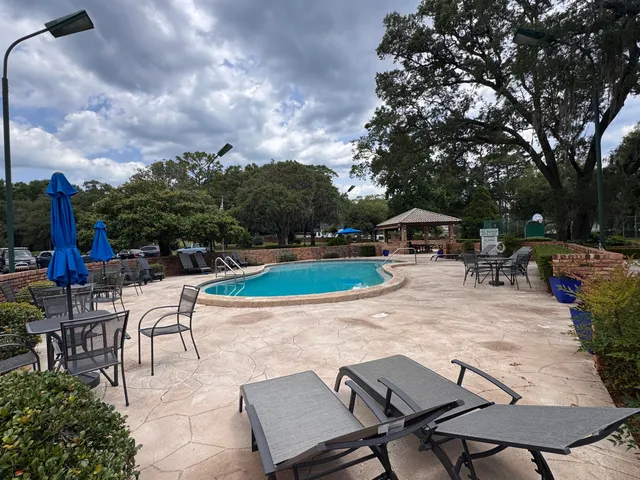 an outdoor space with seating