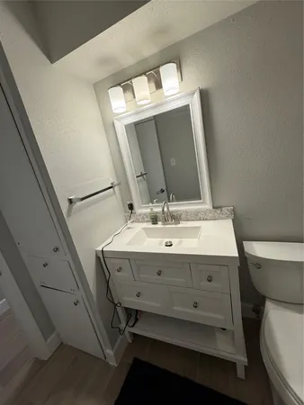 a bathroom with a sink a toilet and mirror