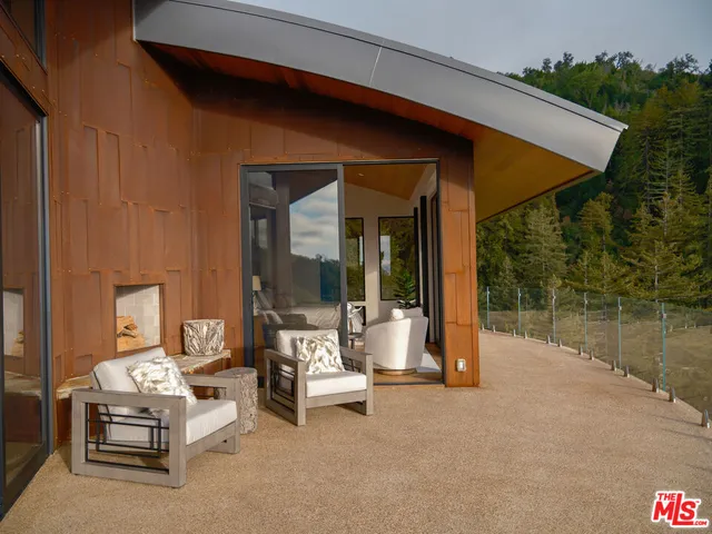 a building outdoor space with seating area