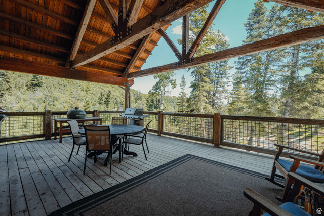 1667 West Tollgate Cyn Road Coalville, UT 84017 - Photo 6 of 61 Expansive covered deck featuring a natural wood ceiling with exposed beams, wood-finish decking, and a metal grid railing