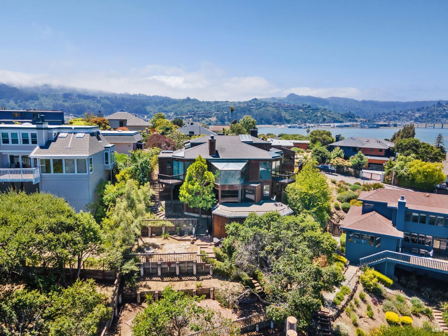 an aerial view of a house with a garden