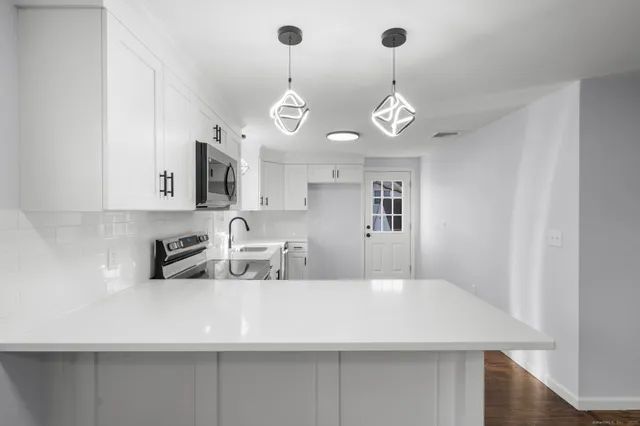 a view of a kitchen with a sink and dishwasher with wooden floor