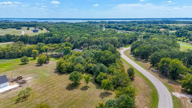 an aerial view of green landscape with trees houses and lake view