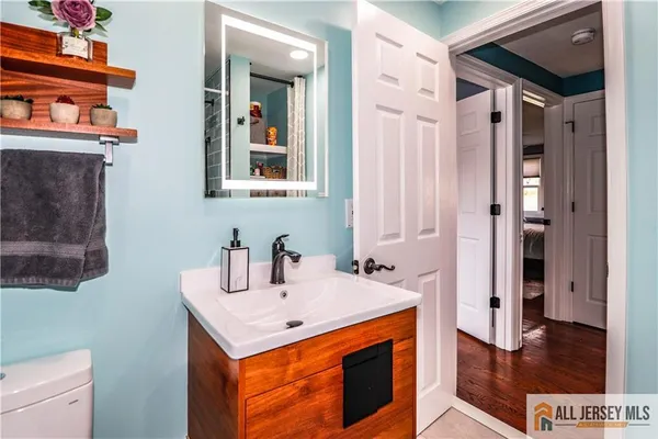 a bathroom with a sink and a mirror