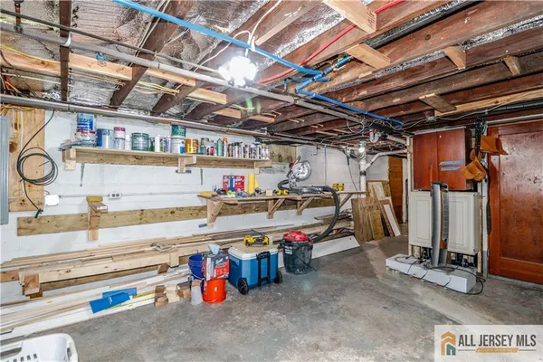 a view of a storage room with furniture