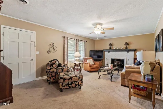 a living room with furniture and a fireplace