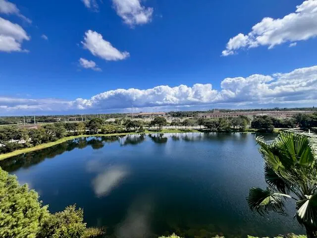 a view of a lake in middle of the town
