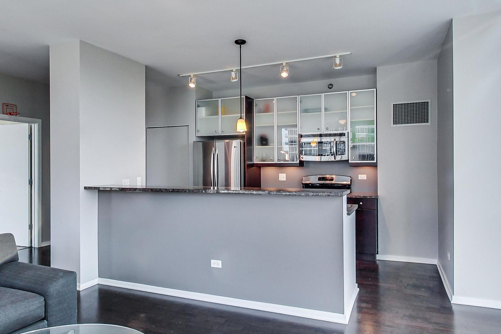 123 South Green Street, Unit 701B Chicago, IL 60607 - Photo 6 of 25 a kitchen with stainless steel appliances granite countertop a refrigerator and a sink