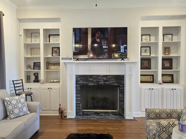 a living room with furniture and a fireplace