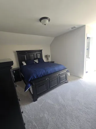 a bedroom with a bed and a cabinets
