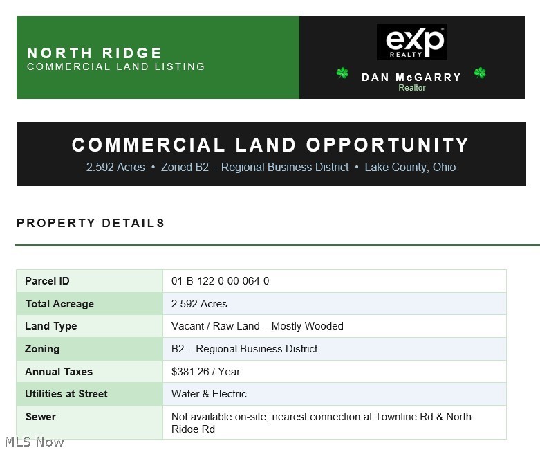 South Ridge Road Madison, OH 44057 - Photo 2 of 3 Commercial Land Listing, Property Details. Outlining the property's parcel ID, acreage, land type, zoning, annual taxes, and utility information