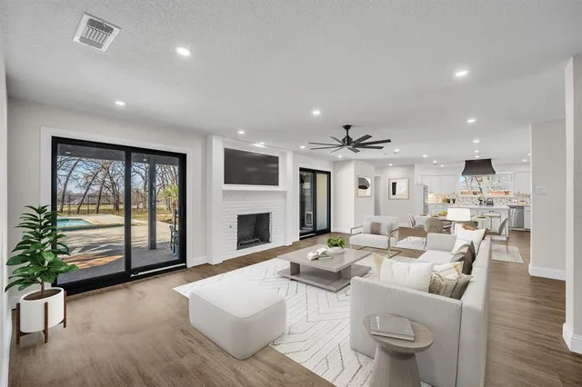 a living room with furniture a fireplace and a potted plant