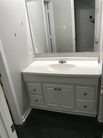 a bathroom with a sink and a mirror