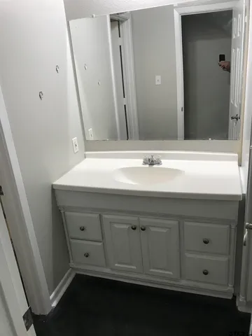 a bathroom with a sink vanity and mirror