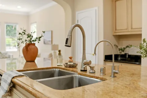 a kitchen with sink a faucet and a potted plant