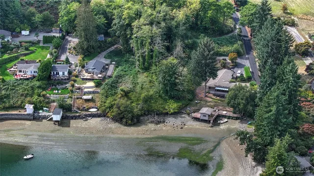 an aerial view of a house with a yard and tree s