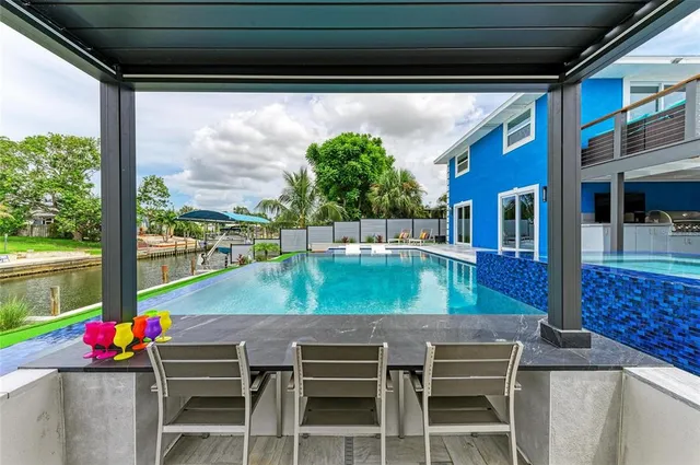 a view of a swimming pool with a patio