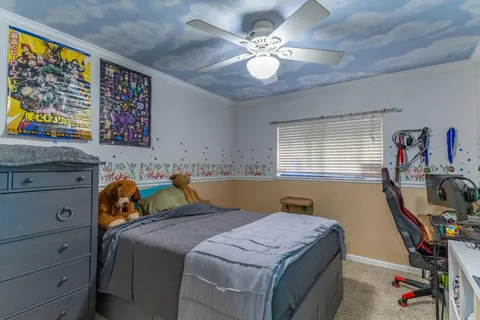 an aerial view of a house with a garden