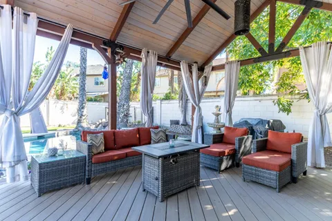 an aerial view of a house with garden