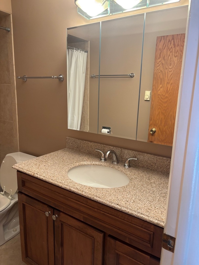 6323 West 64th Place, Unit 1D Chicago, IL 60638 - Photo 9 of 16 a bathroom with a granite countertop sink and a mirror