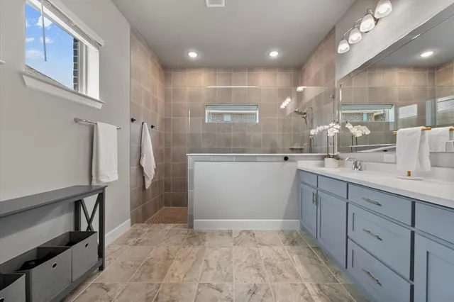 a bathroom with a sink a mirror and a shower