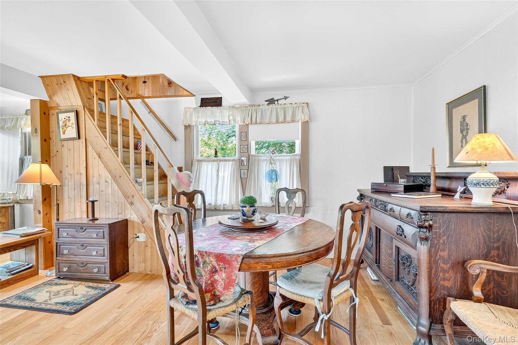 5 Orchard Road North Salem, NY 10509 - Photo 22 of 47 Dining space with stairway, light wood-style flooring, ornamental molding, and beamed ceiling