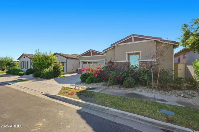 a front view of a house with a yard and potted plants