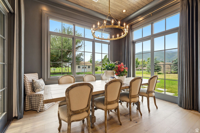 71 Farm Road Midway, UT 84049 - Photo 23 of 92 Dining space featuring expansive windows, light wood-finish flooring, a wood-paneled ceiling, and a large brass chandelier