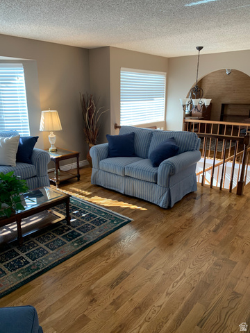 220 West Mill Road Ferron, UT 84523 - Photo 10 of 40 Living area featuring wood-finish flooring, multiple windows, a decorative arched opening, and a built-in banister
