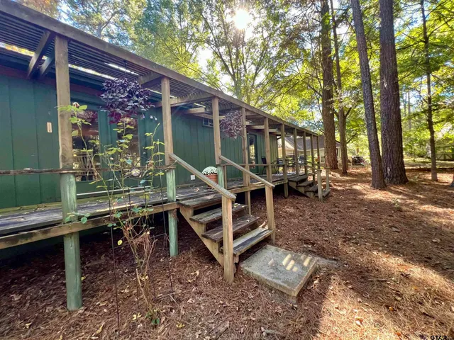 an outdoor space with wooden fence and a large tree