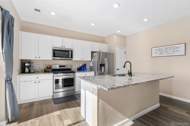 a kitchen with stainless steel appliances granite countertop a sink a stove a refrigerator a microwave oven with cabinets