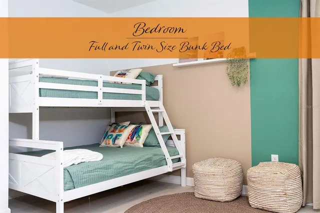 a bedroom with a bed and a table