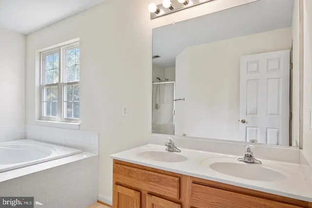 a bathroom with a sink double vanity granite tub and a mirror