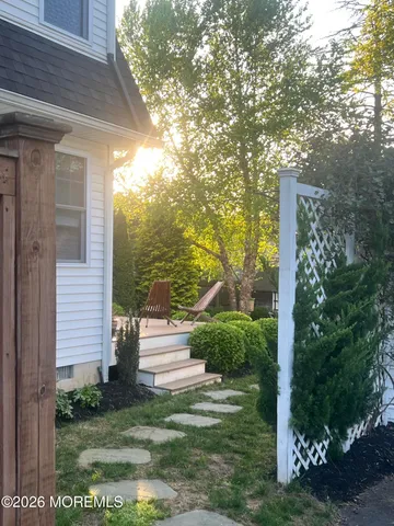 a view of a yard with plants and large trees