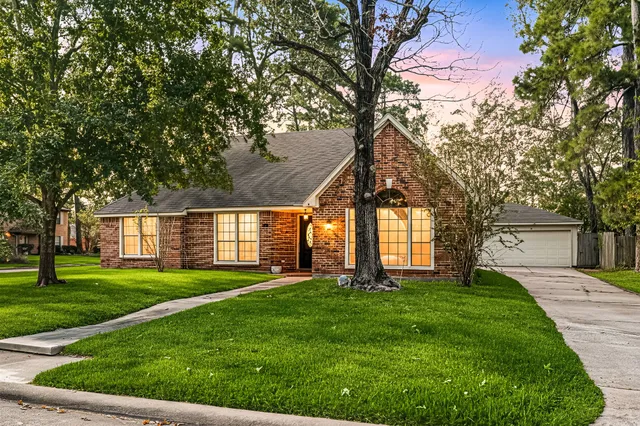 a garden with trees in front of it