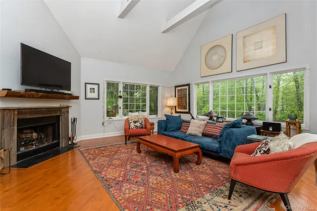 a living room with furniture a flat screen tv and a fireplace